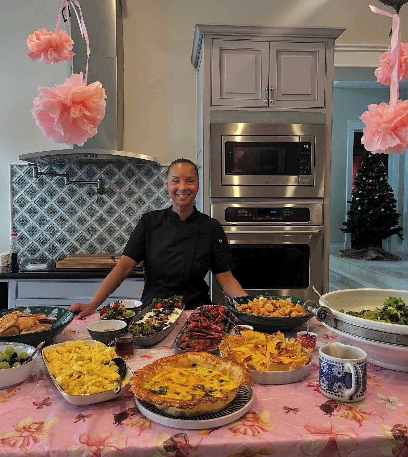 Chef Kristy Worrell hosting a full brunch spread